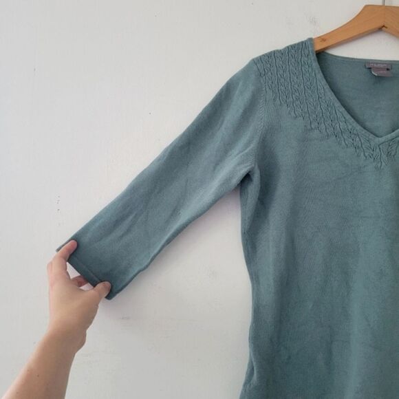 Ann Taylor Blue Cotton Blend Sweater Pointelle Yoke Large Petite - Picture 7 of 9